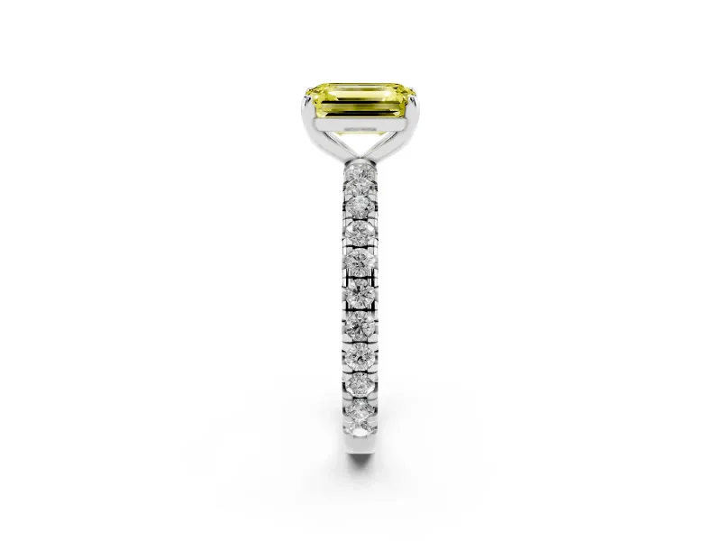 Fancy Yellow Emerald Cut Diamond Pavé Solitaire Ring Set in White gold with Round Band and Prong Setting