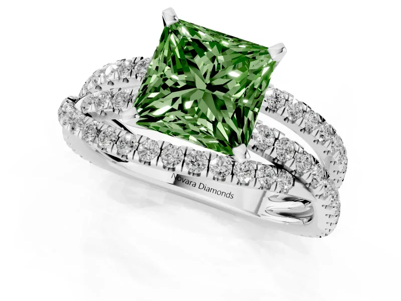 Fancy Green Princess Cut Diamond Solitaire Twist Band Ring Set in Platinum with Pavé Setting and Prong Head