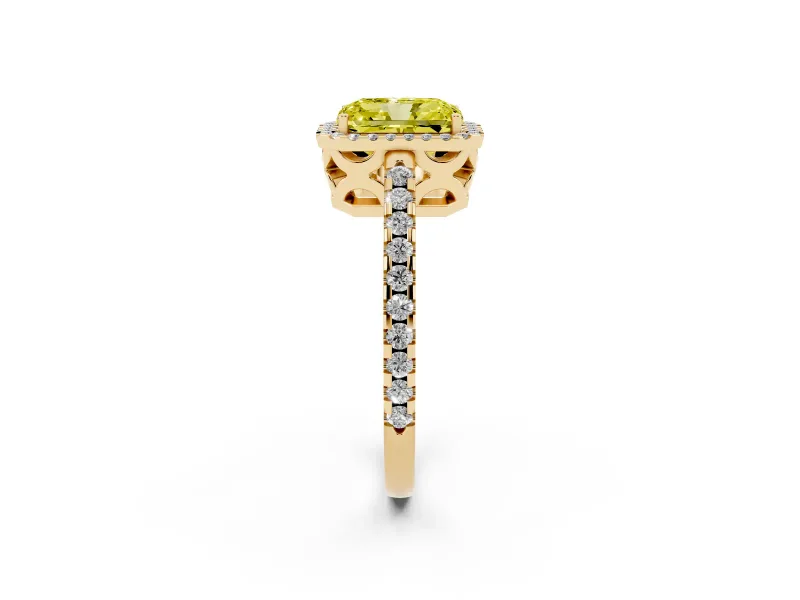 Radiant Cut Pave Halo Engagement Ring Setting for a Fancy Yellow Lab-Grown Diamond | Yellow Gold