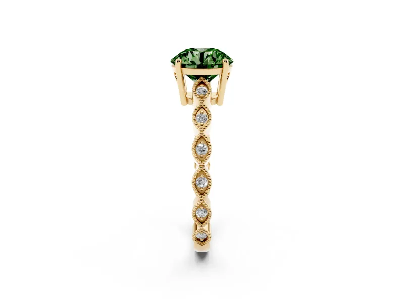 Round Milgrain Solitaire Engagement Ring Setting for a Fancy Green Lab-Grown Diamond | Yellow Gold