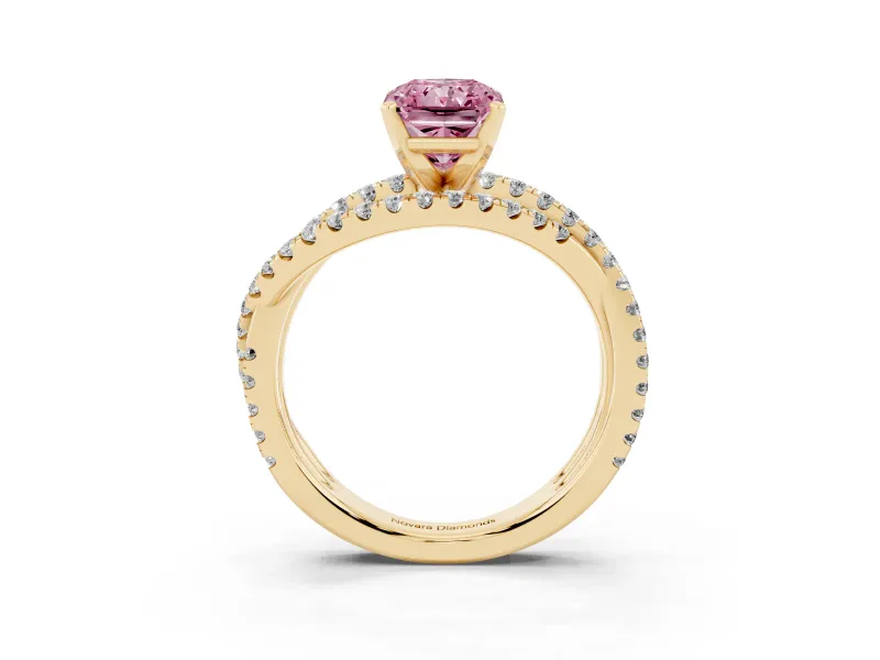 Radiant Cut Twisted Pavé Engagement Ring Setting for a Fancy Pink Lab-Grown Diamond | Yellow Gold