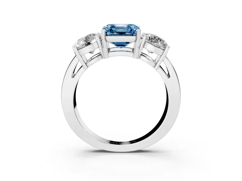 Asscher Cut Three Stone Engagement Ring Setting for a Fancy Blue Lab-Grown Diamond | Wide Plain Band | Platinum