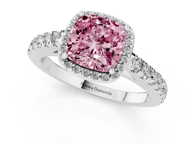 Fancy Pink Cushion Cut Diamond Halo Engagement Ring Set in Silver with Pavé Band and Prong Setting