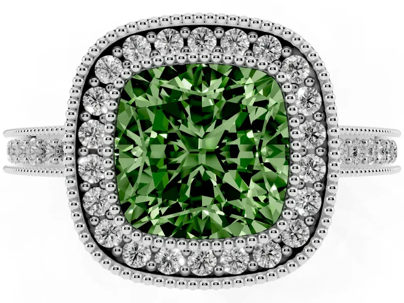 Fancy Green Cushion Cut Diamond Halo Ring Set in Platinum with Pavé Band and Milgrain-Edged Prongs