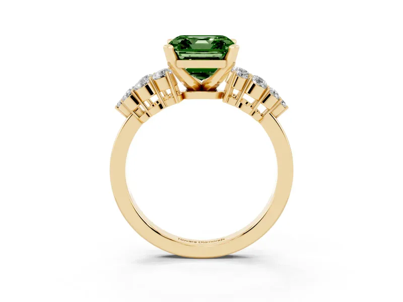 Fancy Green Asscher Cut Diamond Cluster Engagement Ring Set in Yellow gold with Pavé Band and Prong Setting