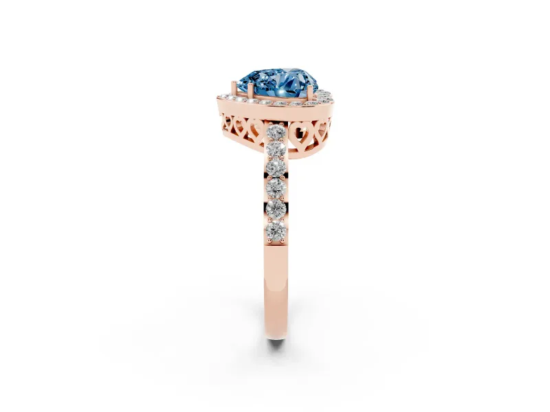 Fancy Blue Heart Cut Diamond Halo Ring Set in Rose gold with Pavé-Setting Band and Open Prong Center