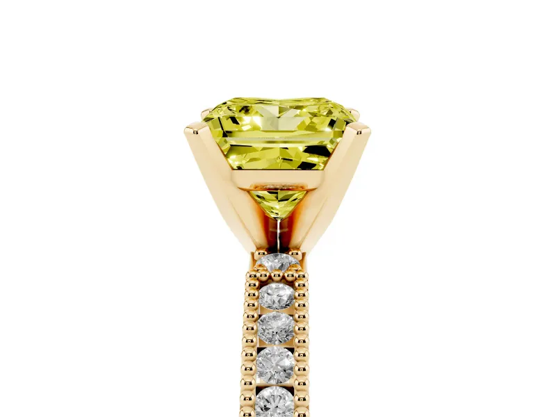 Fancy Yellow Princess Cut Diamond Solitaire Ring Set in Yellow gold with Slim Pavé Band and Prong Setting
