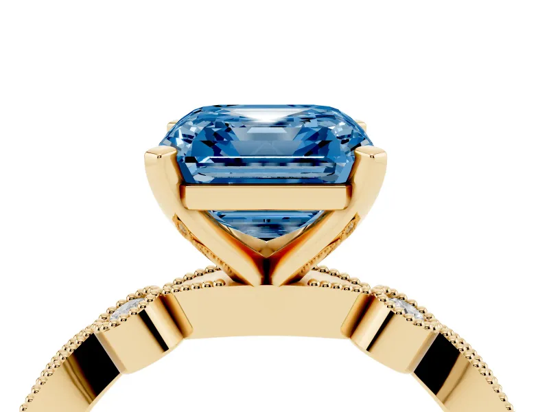 Fancy Blue Asscher Cut Diamond Solitaire Engagement Ring Set in Yellow gold with Milgrain Bezel Accent Band