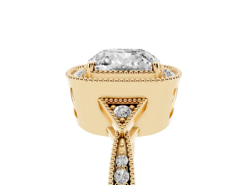 Cushion Cut Diamond Halo Engagement Ring Set in Yellow gold with Milgrain Pavé Band