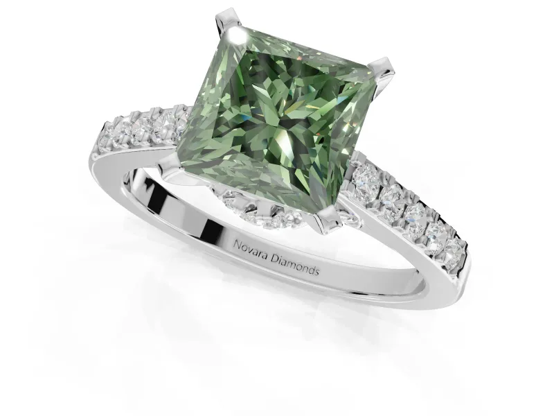 Princess Cut Pavé Engagement Ring Setting for a Fancy Green Lab-Grown Diamond | Crossover Gallery | Sterling Silver