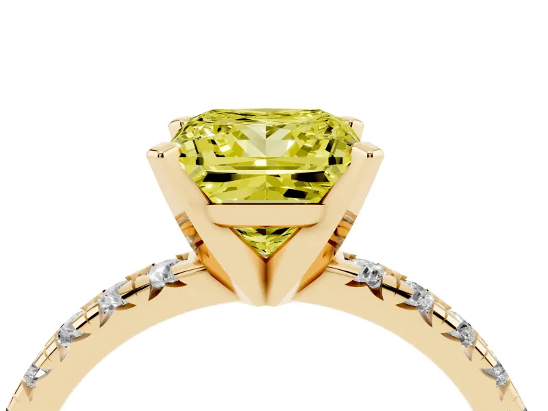Fancy Yellow Princess Cut Diamond Solitaire Pavé Engagement Ring Set in Yellow gold with Round Band and Prong Setting