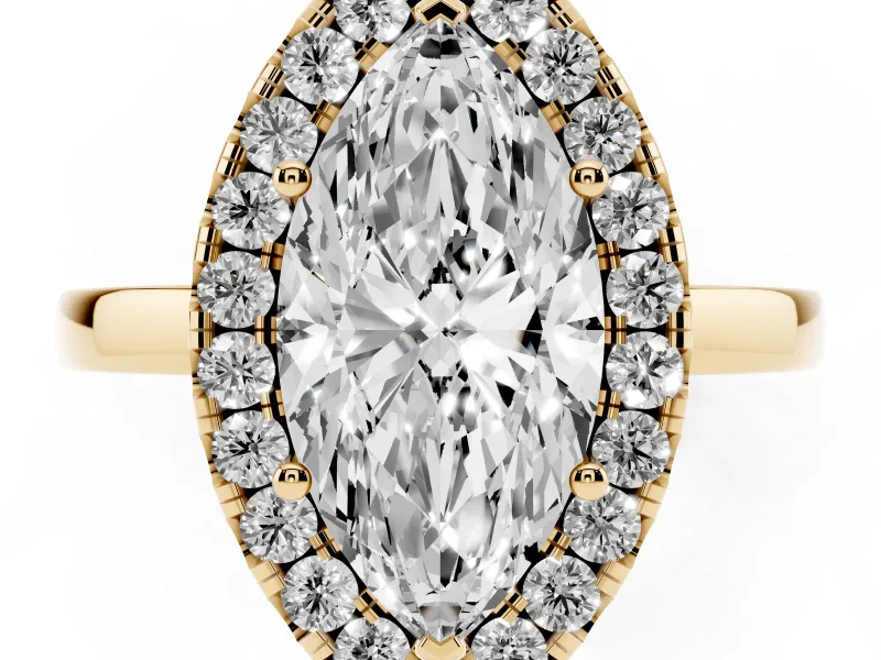 Marquise Cut Diamond Halo Solitaire Ring Set in Yellow gold with Pavé Band and Prong Setting