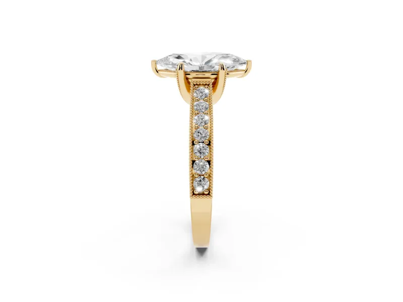 Marquise Vintage Hidden Halo Engagement Ring Setting | Milgrain Pave Band | Yellow Gold