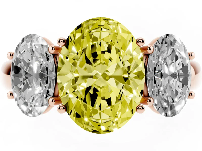 Oval Three Stone Engagement Ring Setting for a Fancy Yellow Lab-Grown Diamond | Matching Side Stones | Rose Gold