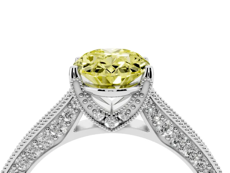 Oval Vintage Hidden Halo Engagement Ring Setting for a Fancy Yellow Lab-Grown Diamond | Milgrain Pave Band | White Gold