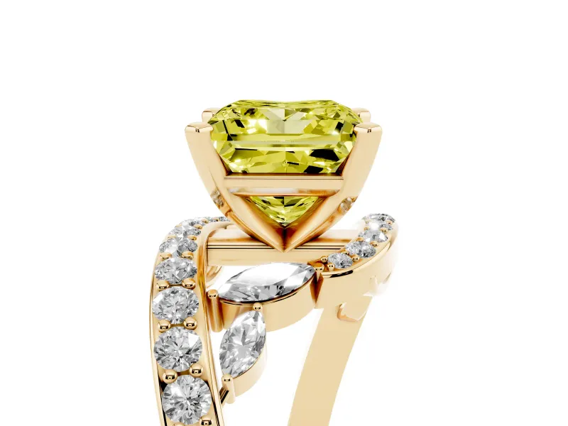 Fancy Yellow Princess Cut Diamond Solitaire Ring Set in Yellow gold with Pavé Twist Band and Secure Prong Setting