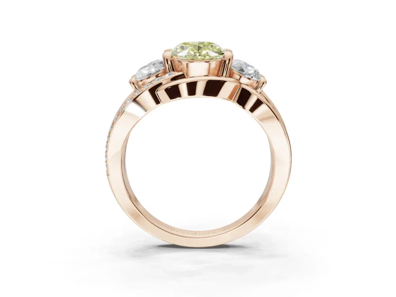 Oval Three Stone Split Shank Engagement Ring Setting for a Fancy Yellow Lab-Grown Diamond | Matching Sides | Rose Gold