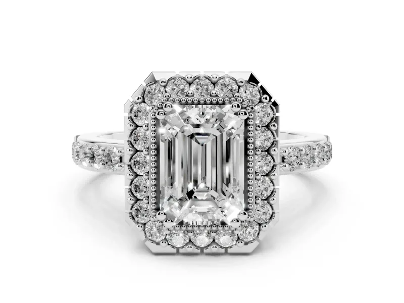 Emerald Cut Diamond Halo Ring Set in White gold with Pavé Shank and Prong Setting