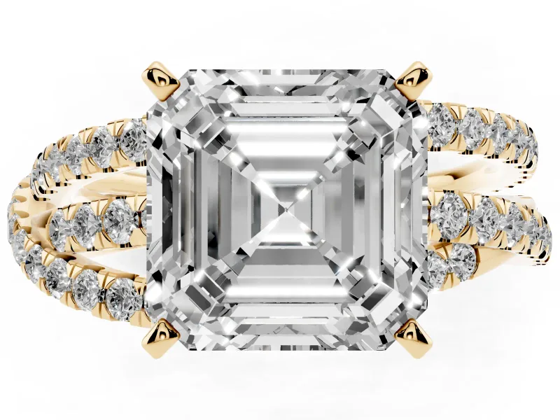 Asscher Cut Diamond Solitaire Twist Band Ring Set in Yellow gold with Pavé Setting and Prong Head