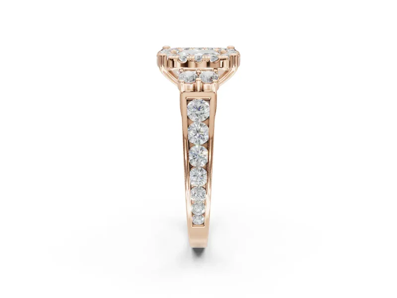 Cushion Cut Halo Side Cluster Engagement Ring Setting | Graduated Channel Band | Rose Gold