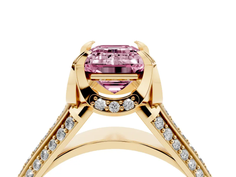 Fancy Pink Emerald Cut Diamond Pavé Split Shank Solitaire Ring Set in Yellow gold with Prong Setting