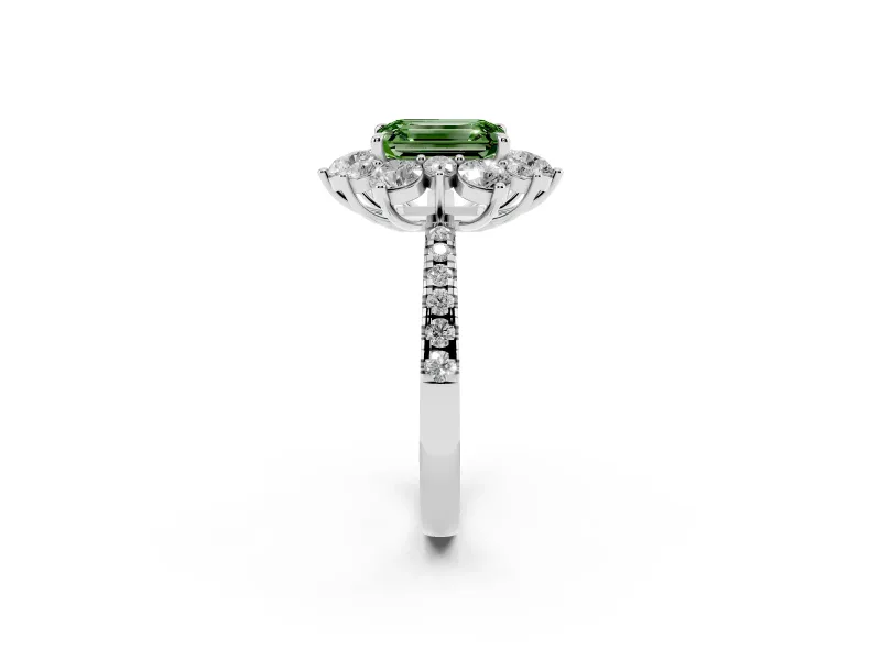 Fancy Green Emerald Cut Diamond Floral Halo Ring Set in White gold with Round Pavé Band and Prong Setting