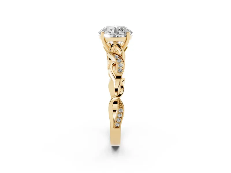 Round Vintage Vine Solitaire Engagement Ring Setting | Milgrain Leaves | Yellow Gold