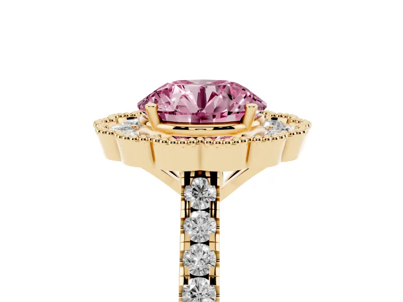 Fancy Pink Round Cut Diamond Milgrain Floral Halo Engagement Ring Set in Yellow gold with Pavé Band