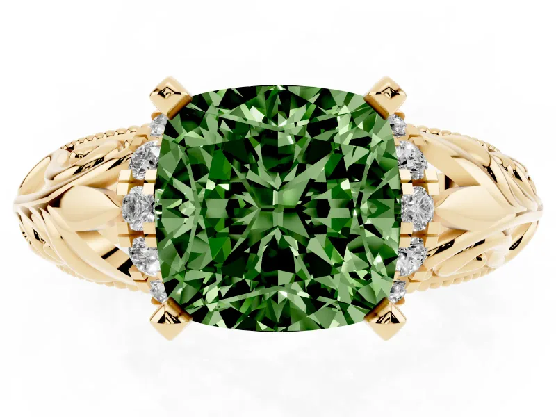 Fancy Green Cushion Cut Diamond Filigree Halo Engagement Ring Set in Yellow gold with Prong Setting