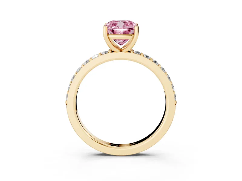 Cushion Cut Pavé Solitaire Engagement Ring Setting for a Fancy Pink Lab-Grown Diamond | Single Row Band | Yellow Gold