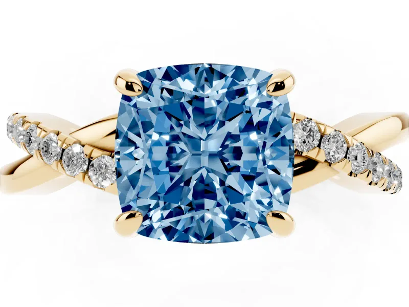 Fancy Blue Cushion Cut Diamond Twist Band Solitaire Set in Yellow gold with Pavé Accents and Prong Setting