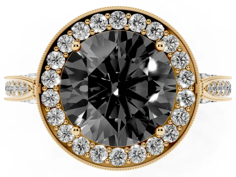 Round Milgrain Halo Engagement Ring Setting for a Black Center | Side Stones | Yellow Gold