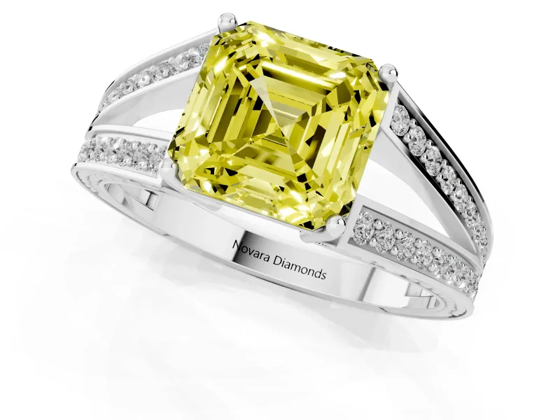 Fancy Yellow Asscher Cut Diamond Split Shank Ring Set in Silver with Pavé Band and Prong Setting