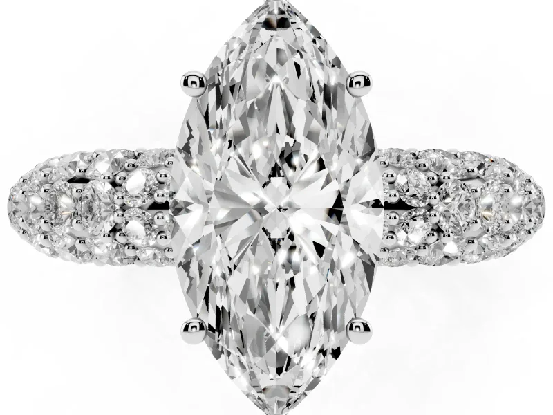 Marquise Multi Row Pave Solitaire Engagement Ring Setting | Domed Shoulders | White Gold