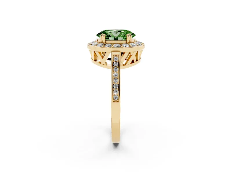 Oval Halo Engagement Ring Setting for a Fancy Green Lab-Grown Diamond | Polished Halo Rim | Yellow Gold