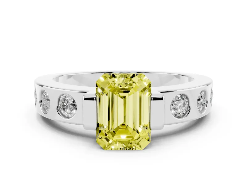 Fancy Yellow Emerald Cut Diamond Channel-Set Band Ring Set in White gold with Bezel Prong Setting