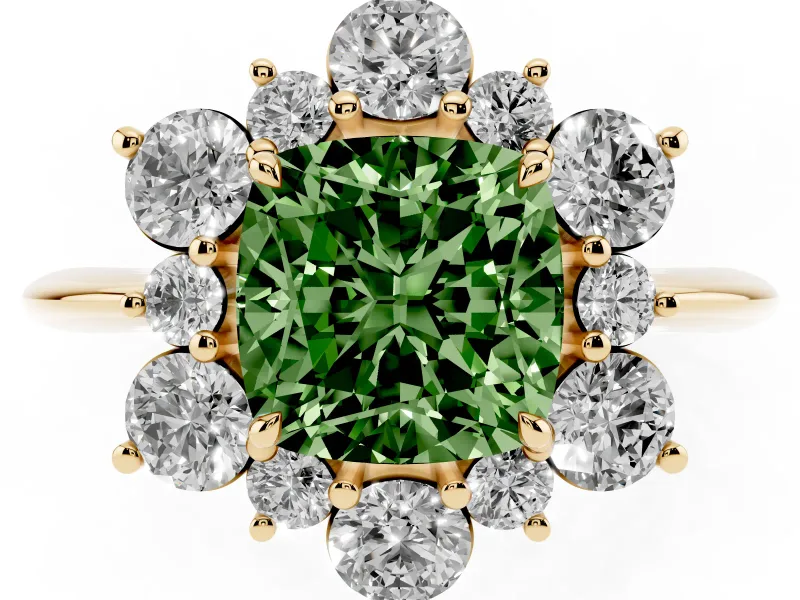 Cushion Cut Cluster Halo Engagement Ring Setting for a Fancy Green Lab-Grown Diamond | Yellow Gold