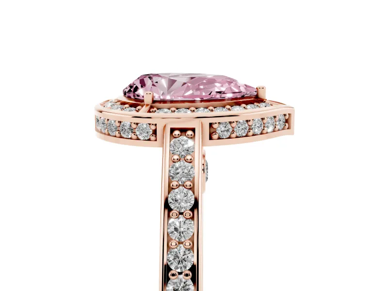 Fancy Pink Pear Cut Diamond Halo Pavé Split Shank Ring Set in Rose gold with Prong Setting
