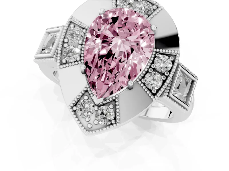 Fancy Pink Pear Cut Diamond Milgrain Halo Ring Set in Silver with Split Shank