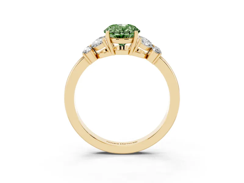 Fancy Green Oval Cut Diamond Solitaire Floral Ring Set in Yellow gold with Marquise Petals and Prong Setting