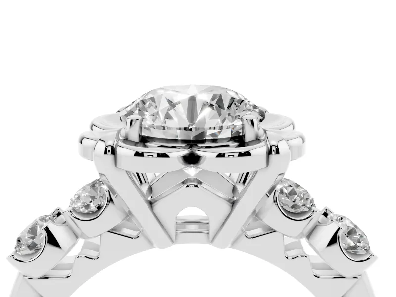 Round Floral Engagement Ring Setting | Petal Frame and Side Stones | Sterling Silver