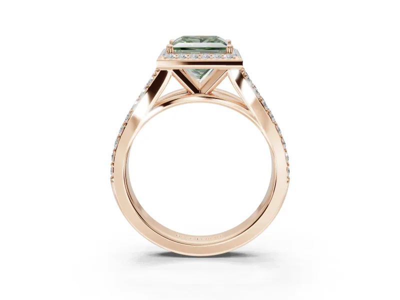 Princess Cut Halo Pavé Engagement Ring Setting for a Fancy Green Lab-Grown Diamond | Narrow Split Shank | Rose Gold