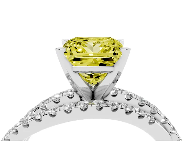 Fancy Yellow Princess Cut Diamond Solitaire Twist Band Ring Set in White gold with Pavé Setting and Prong Head