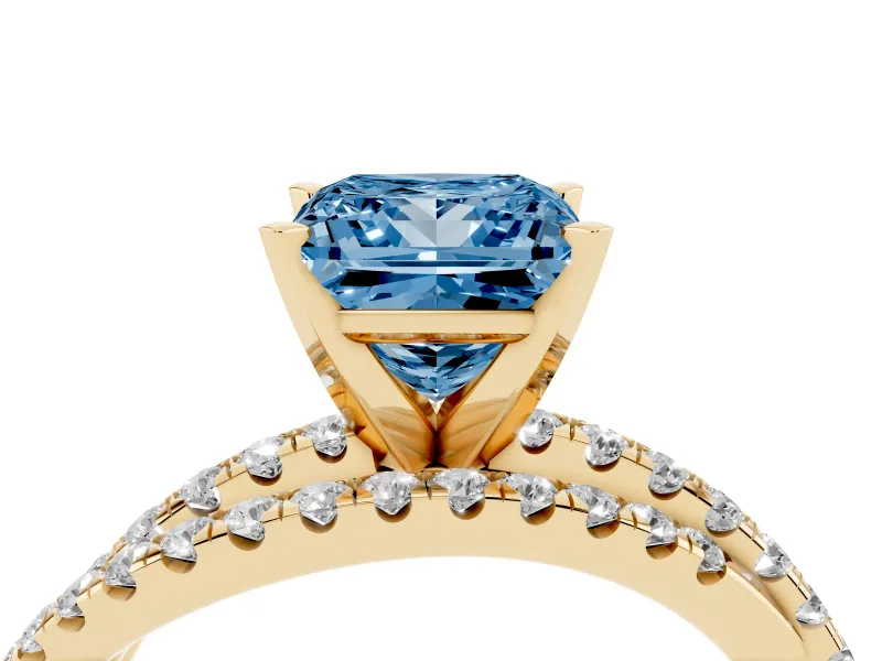Fancy Blue Princess Cut Diamond Solitaire Twist Band Ring Set in Yellow gold with Pavé Setting and Prong Head
