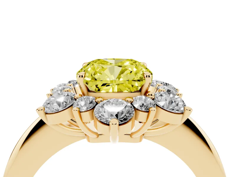 Cushion Cut Cluster Halo Engagement Ring Setting for a Fancy Yellow Lab-Grown Diamond | Yellow Gold