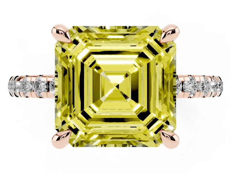 Fancy Yellow Asscher Cut Diamond Brilliant Solitaire Ring Set in Rose gold with Pavé Band and Prong Setting