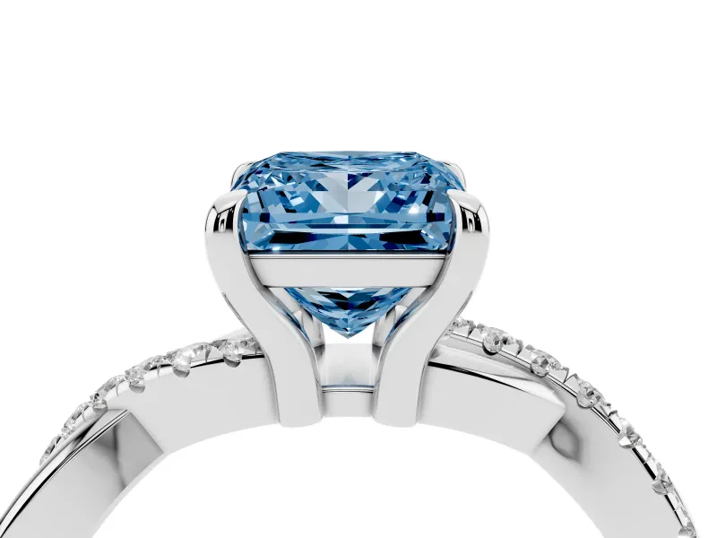 Fancy Blue Princess Cut Diamond Twist Band Solitaire Set in White gold with Pavé Accents and Prong Setting