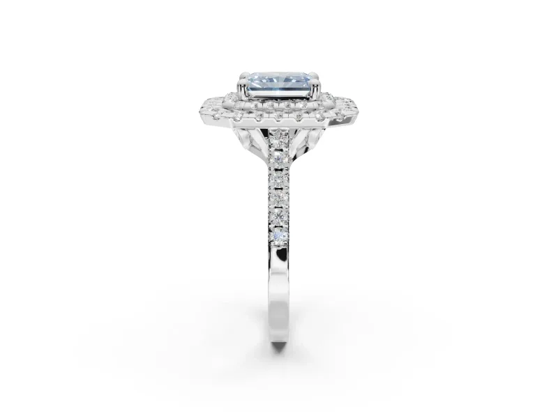 Fancy Blue Radiant Cut Lab-Grown Diamond Double Halo Statement Ring Set in White Gold with Pavé Band