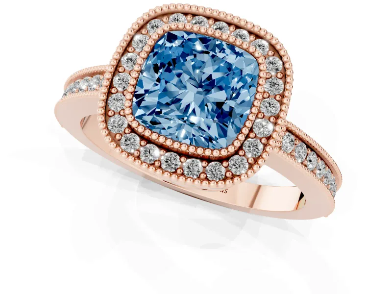 Fancy Blue Cushion Cut Diamond Halo Ring Set in Rose gold with Pavé Band and Milgrain-Edged Prongs
