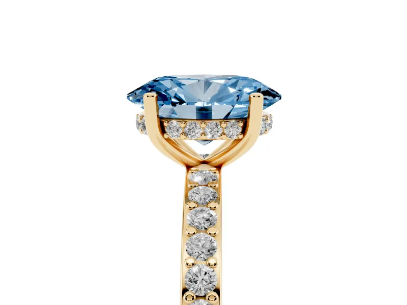Fancy Blue Oval Cut Diamond Pavé Band Ring Set in Yellow gold with Prong-Set Center Stone